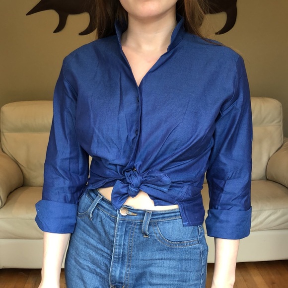 Talbots blue textured button down blouse - Picture 6 of 9